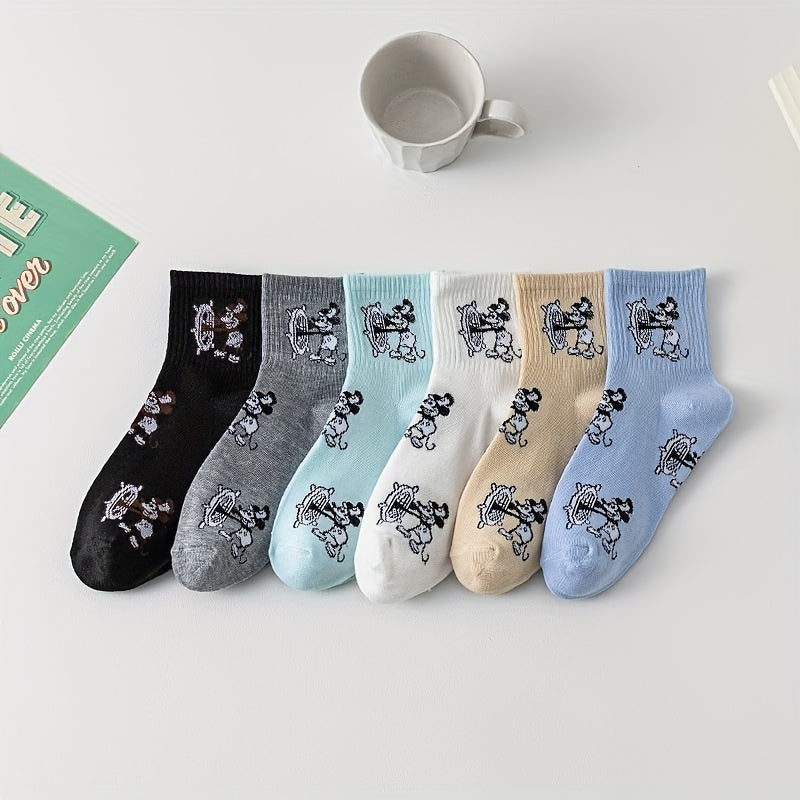 Cute and funny cartoon food print socks for women, 6 pairs in mid-tube style.