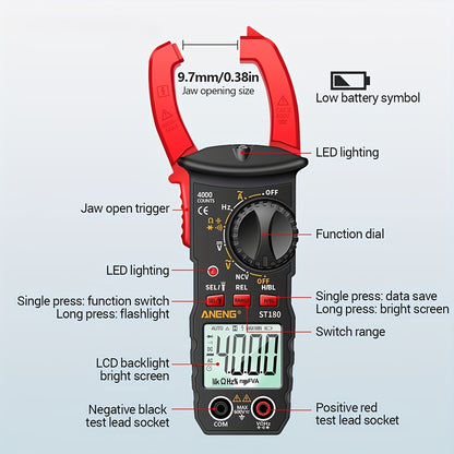 1 Set Clamp On Multimeter Ammeter Set with Measuring Pen, Flashlight, ST180 4000 Count, Buzzer, Measuring Current, Voltage, Capacitance, Resistance, NVC Detection, Diode Continuity, Duty