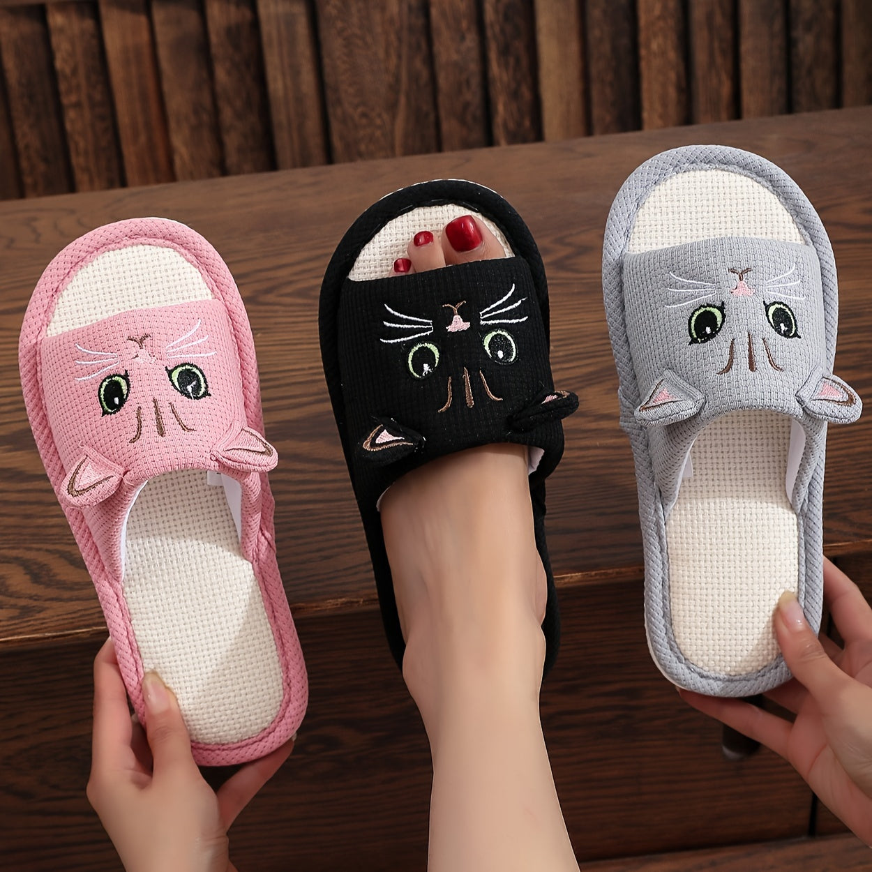 Cartoon home slippers with soft linen sole, lightweight and breathable.