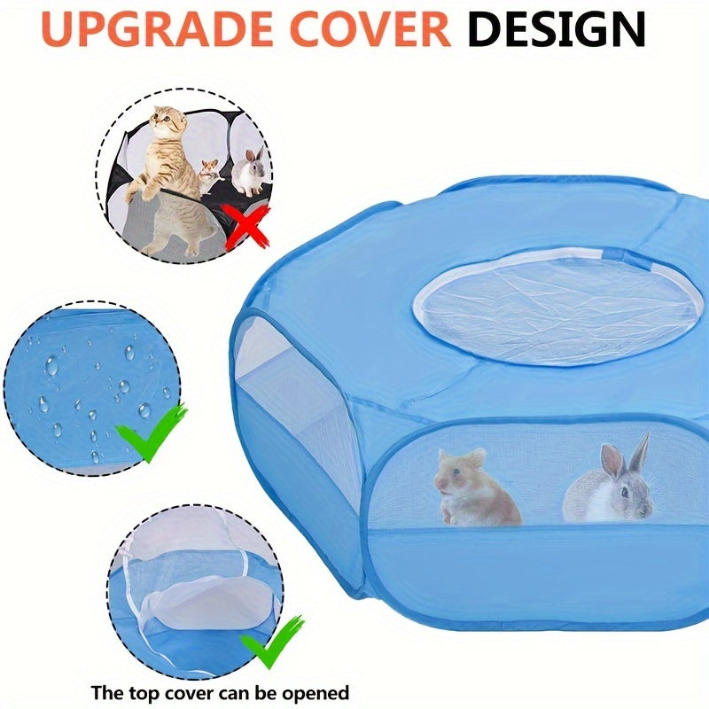 Portable foldable pet playpen made with durable PE material and cover, suitable for small animals.