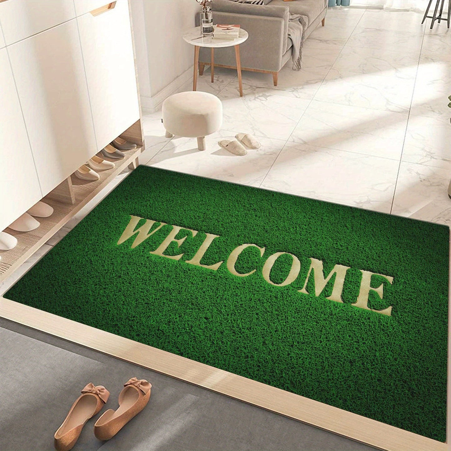 Welcome guests with our Green Grass Print Doormat, featuring a non-slip absorbent polyester floor mat that is machine washable. Perfect for any room in your home, including the living room, bedroom, bathroom, and kitchen for added home decor.