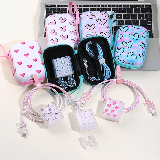 Set of 6 heart pattern EVA cable management accessories for iPhone 20W fast charging cables, including organizer, caps, and storage pouch. No battery included.