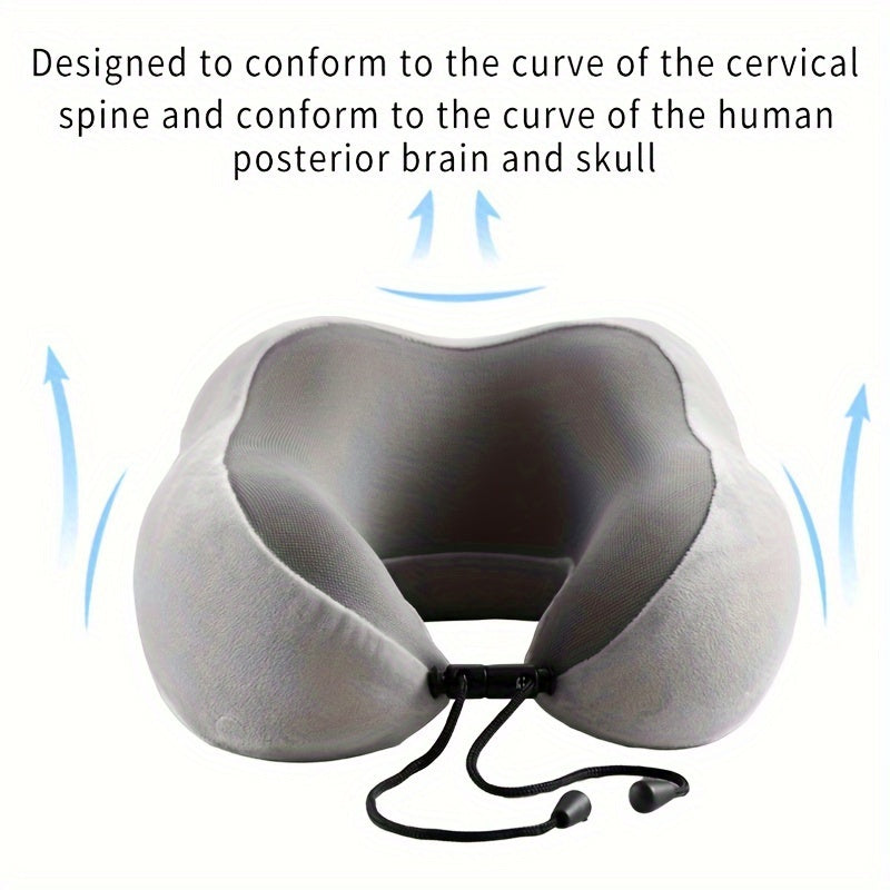 Ergonomic memory foam U-shaped travel pillow for comfortable sleep on airplanes and long journeys. Adjustable, reversible neck support cushion in medium firmness, available in red, blue