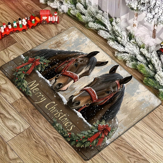 Festive Holiday Christmas Horse Doormat for Kitchen or Living Room - Non-Slip, Washable, Water-Resistant, Lightweight, Machine Made with Flat Woven Polyester and Low Pile Texture