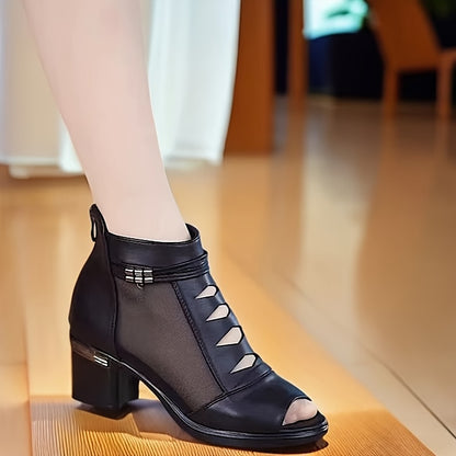 Women's fashion mesh short boots with block heel, open toe, casual summer zipper boots. Hand wash only, no printing.