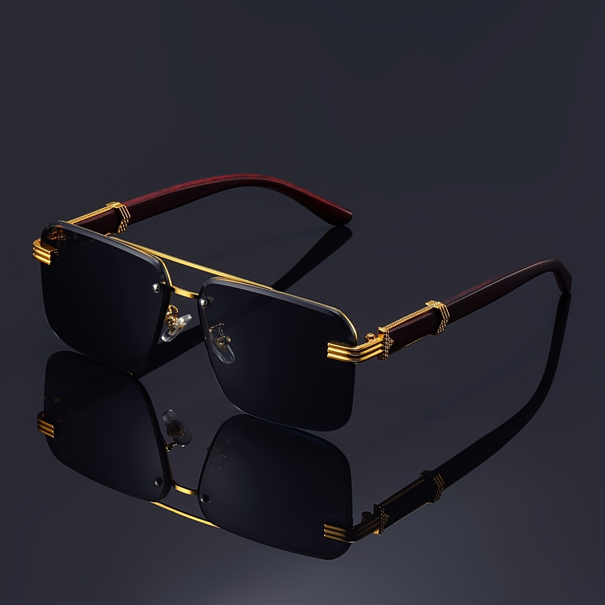 Frameless luxury glasses with anti-glare, wooden patterned temples, ideal for both men and women while driving.