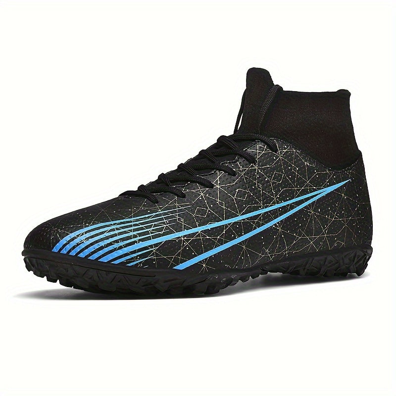 Breathable High-Top Turf Soccer Shoes with Striped Design and Enhanced Traction for Artificial Grass Fields