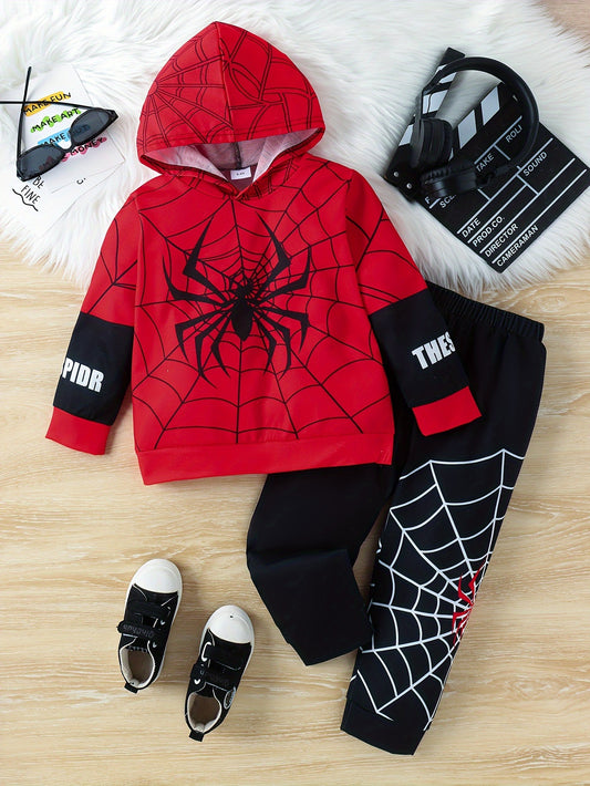 Boy's Spider Print Hooded Outfit Set, Web Pattern, Kid's Spring/Fall Clothes, 2pcs