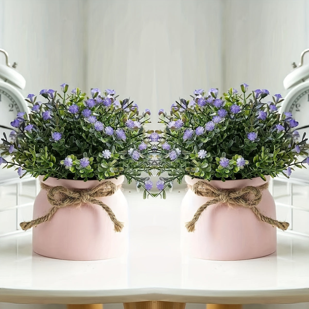 2 sets of artificial potted lavender plants in macaron pots for indoor and outdoor décor.