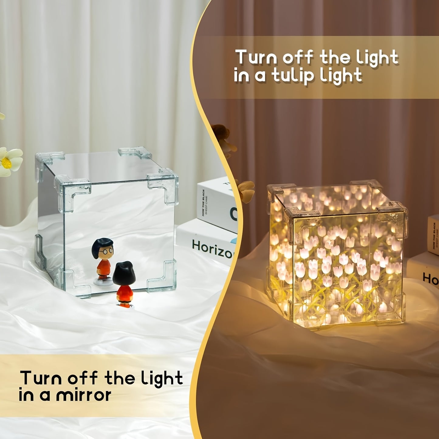 LED Tulip Night Light DIY Cube Table Lamp for Bedroom Decor, Handmade Glass with Shade, Battery Powered.