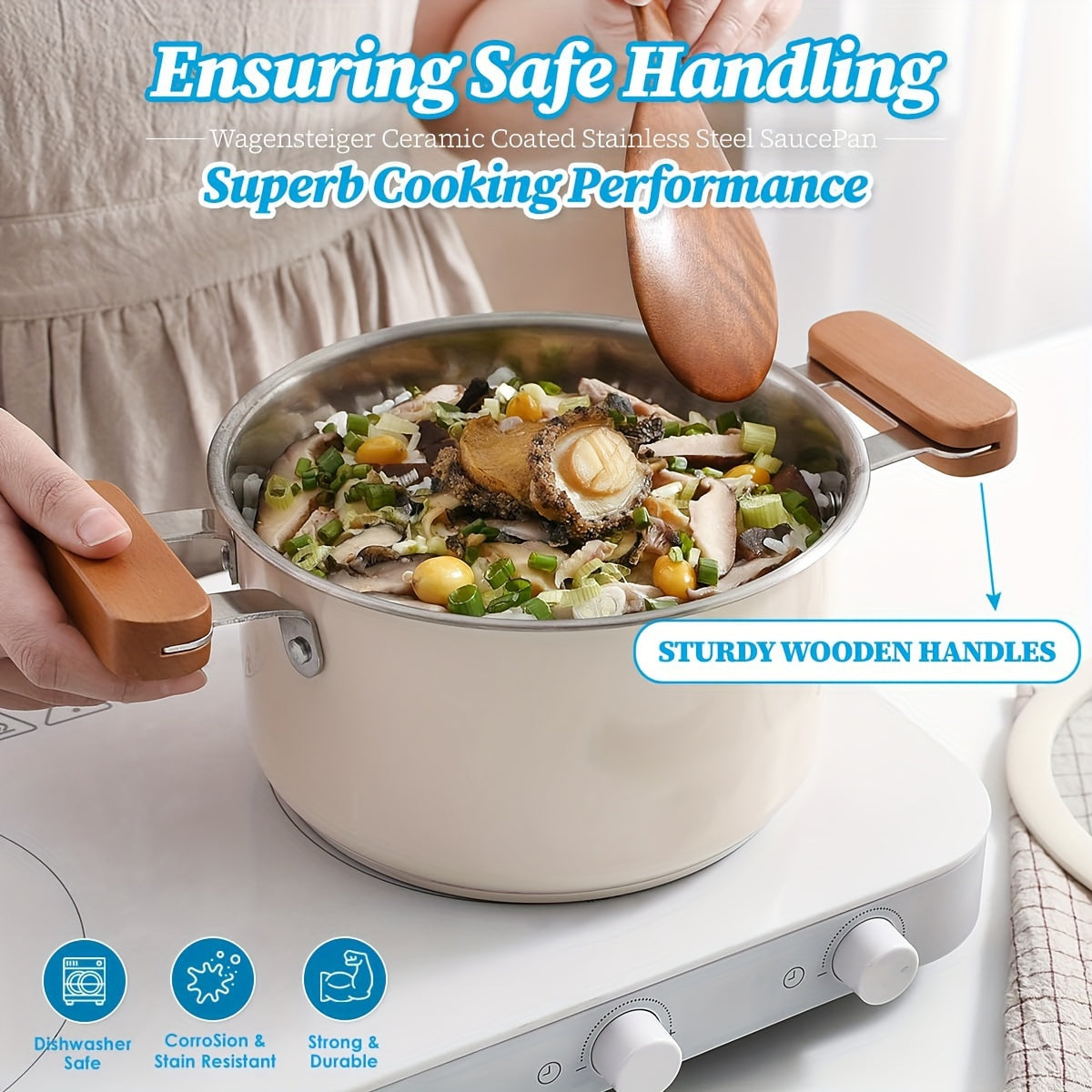 Stainless Steel Kitchenware Set with High Temperature Ceramic Paint, Tempered Glass Lid, and Wooden Handle. Features a 3-layer Aluminum Core Base, Suitable for All Stoves. Includes Beige Sauce Pot, Soup Pot, and Hot Pot.