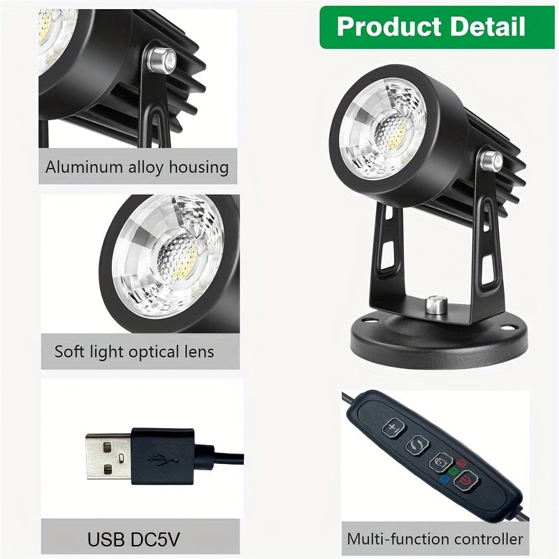 Two-pack of 5W LED indoor uplights with adjustable color temperature, dimmable feature, and timer for plants and artwork.