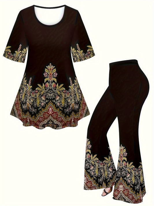 Graphic print two-piece set for plus size women, with crew neck t-shirt and pants outfit.