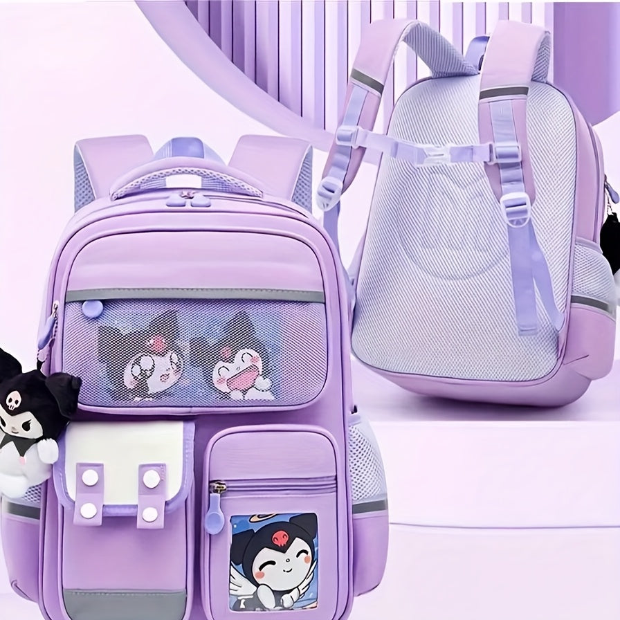 Kawaii Kuromi-themed school backpack with multiple pockets, lightweight design, shoulder straps, and compartments for organizing supplies and rewards.