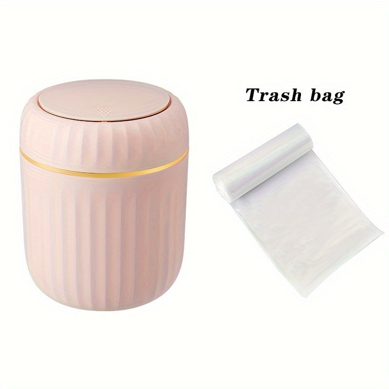 Press-top desktop trash can with durable PP plastic, Roman stripe design and lid for office, living room, and study area. Creative recycling bin.