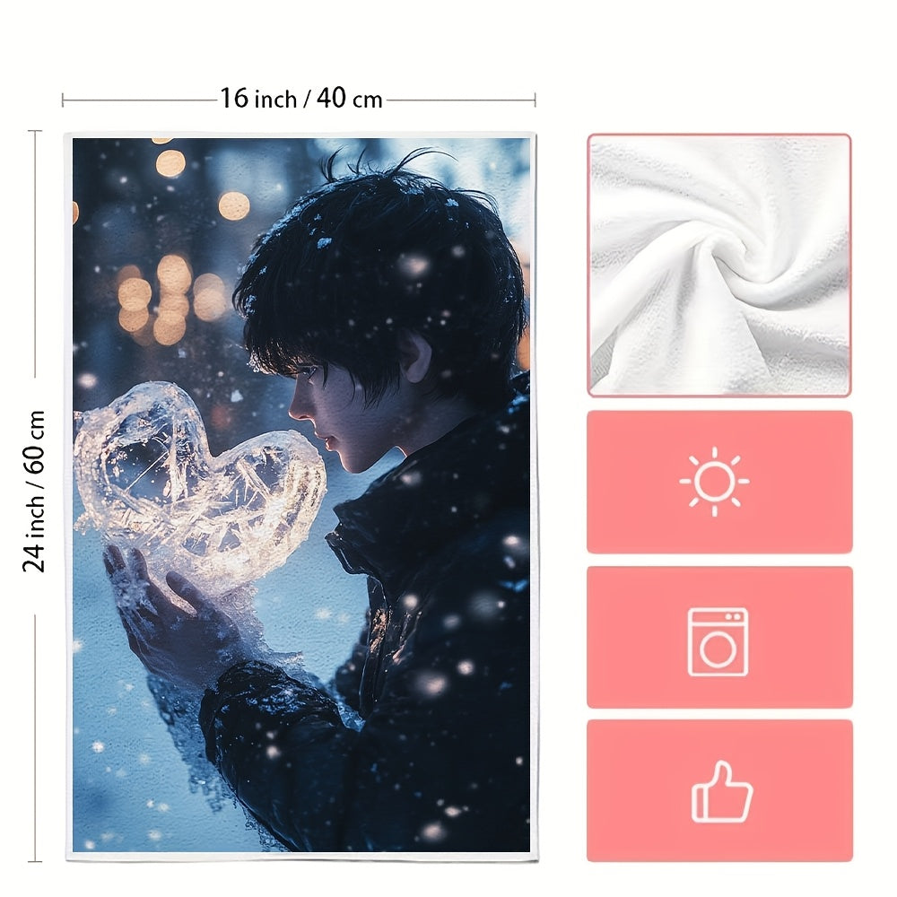 This pack includes two ultra-soft kitchen towels showcasing an anime boy crafting a heart out of ice in a winter landscape. These highly absorbent dish towels are ideal for holiday decor, can be easily cleaned in the washing machine, and come in a