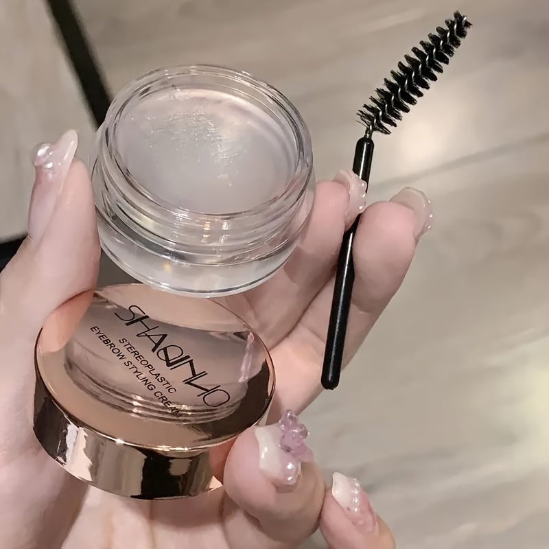 Waterproof, quick-dry brow gel for natural, long-lasting styling with brush applicator.