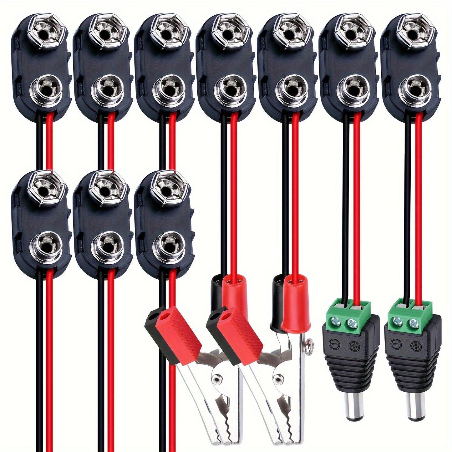 Battery Terminal Connector Set including 10pcs of Type I Plastic Hard Shell 9V Battery Buckles with 150mm Cable Length, 4 Crocodile Clips, and 2 DC Male Plugs.