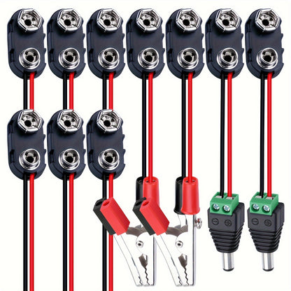 Battery Terminal Connector Set including 10pcs of Type I Plastic Hard Shell 9V Battery Buckles with 150mm Cable Length, 4 Crocodile Clips, and 2 DC Male Plugs.