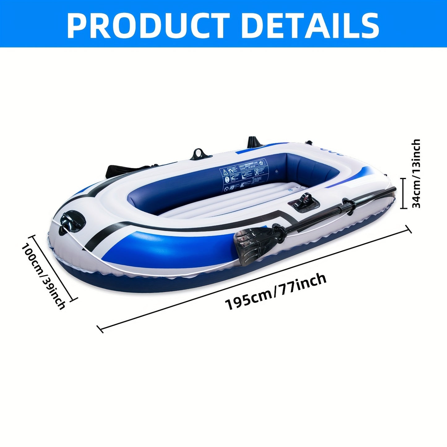 Inflatable boat kit includes paddle, pump, PVC construction, fishing rod holders, and gear bag in blue.