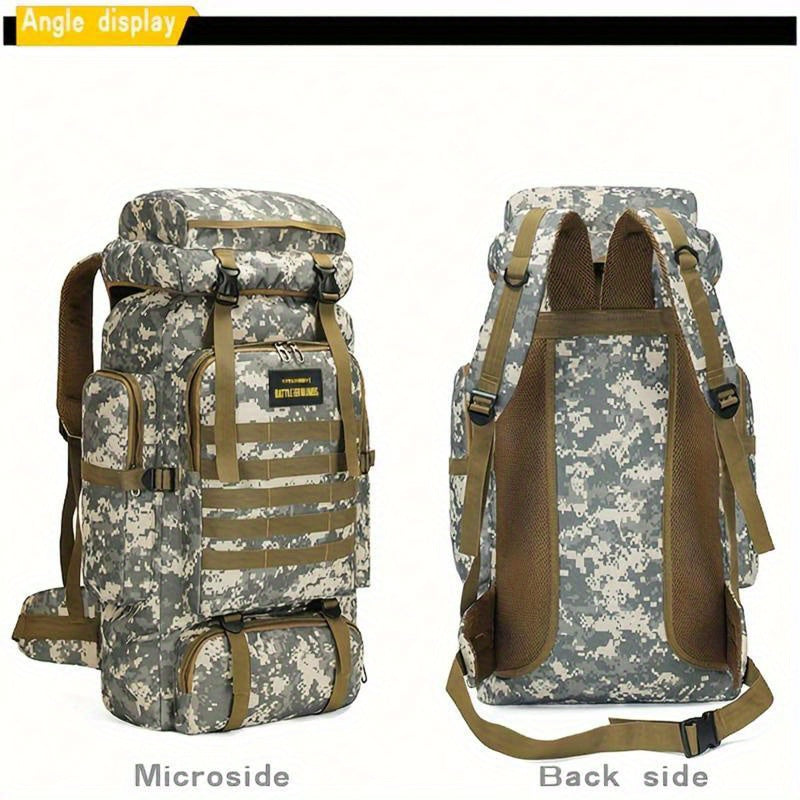 Durable camo travel backpack made from waterproof Oxford cloth, perfect for outdoor adventures and long trips.