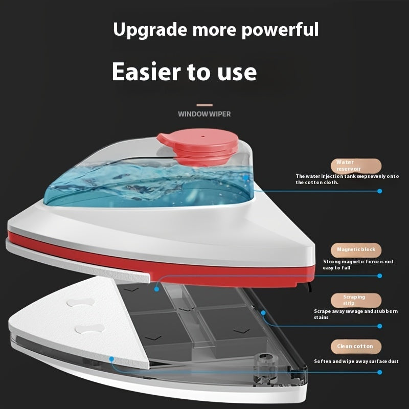 Двусторонний магнитный очиститель окон для дома и офиса, изготовленный из прочного ABS-материала и оснащенный защитной функцией от зажатия. Может заполняться водой и достигает высоких поверхностей для эффективной очистки.