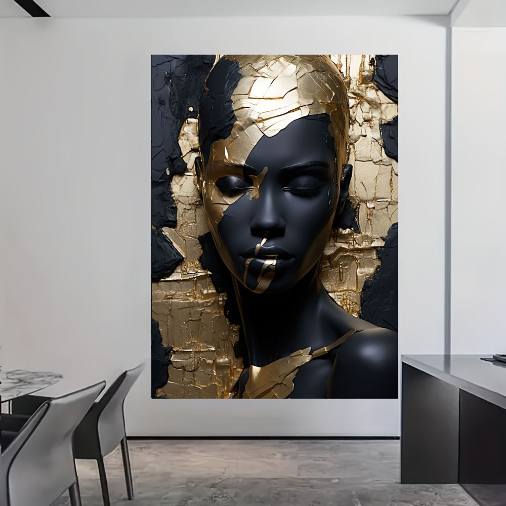 Modern, frameless Kintsugi golden portrait canvas art featuring an abstract woman face on a black background. Perfect for contemporary living room or bedroom decor.