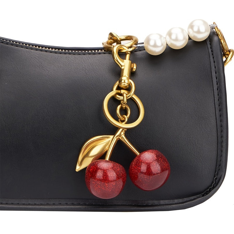 Glistening Cherry Fruit Keychain - Made of Alloy with Resin Pendant, featuring a Food-Inspired Circular Design, Adjustable C-Hook Clasp for Women's Purses & Handbags.