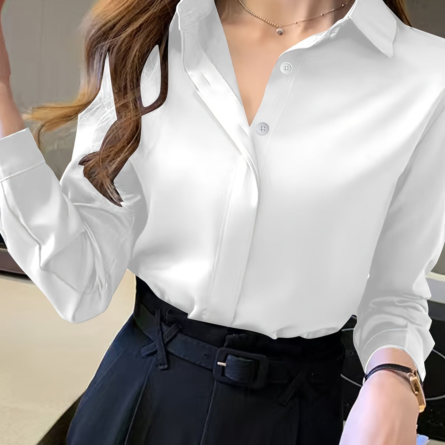 Stylish navy blue long sleeve blouse for women - suitable for work, semi-sheer polyester with button detail, ideal for spring/fall