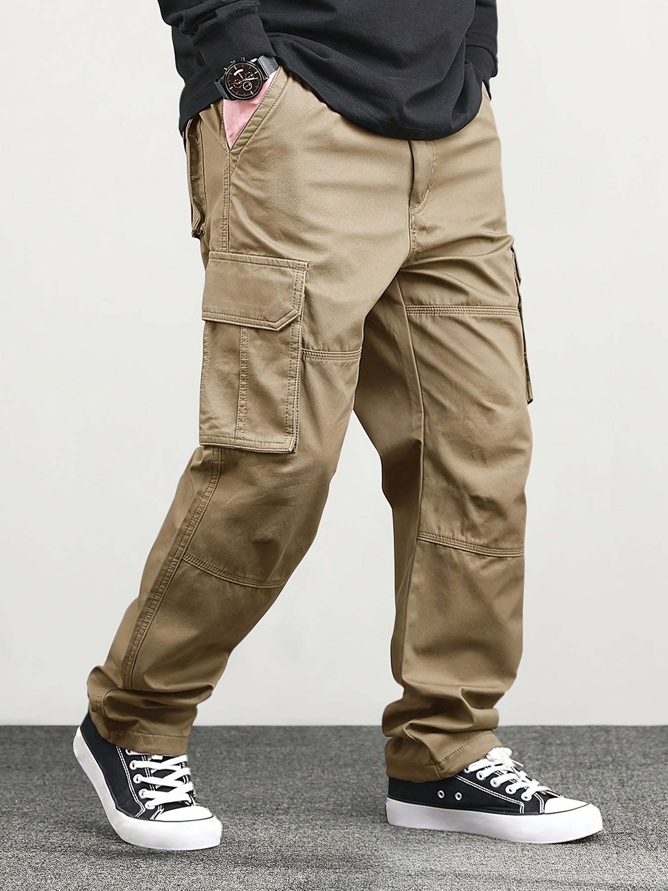 Men's classic solid color cargo pants with multiple pockets, loose fit, and drawstring waist. Perfect for outdoor activities, fishing, and streetwear.