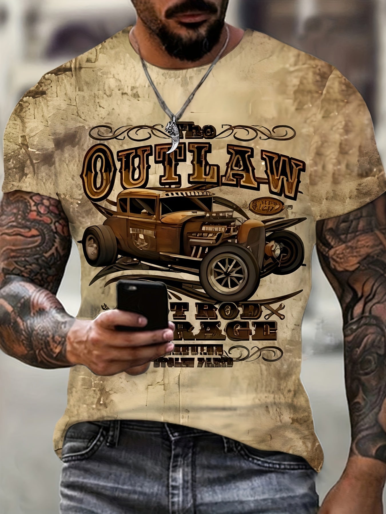 Plus size men's tee with vintage car print, retro style.