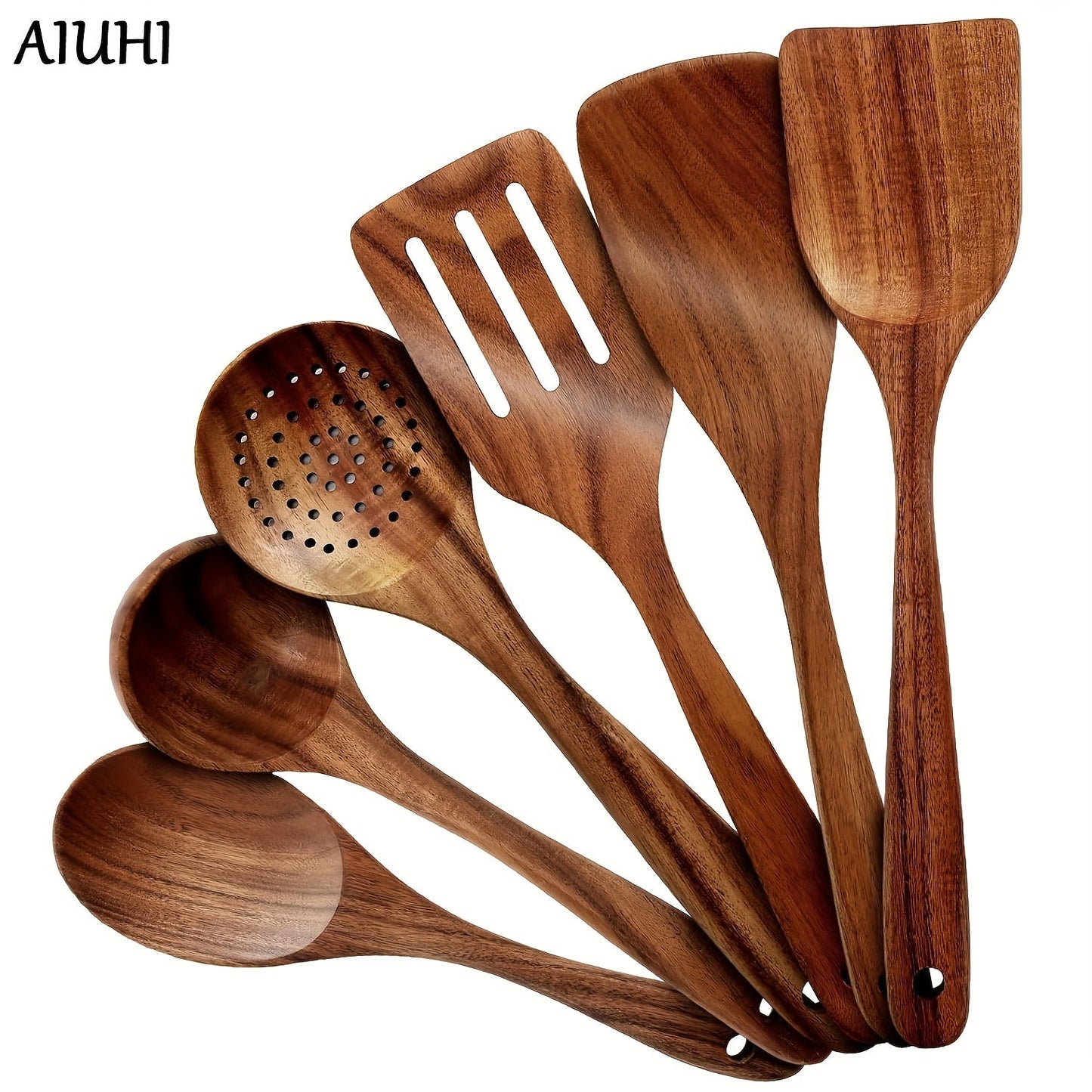 Set of 6 high-quality wooden kitchen utensils, including non-stick and heat-resistant tools for safe and healthy cooking. Includes spatulas and spoons made from premium wood.