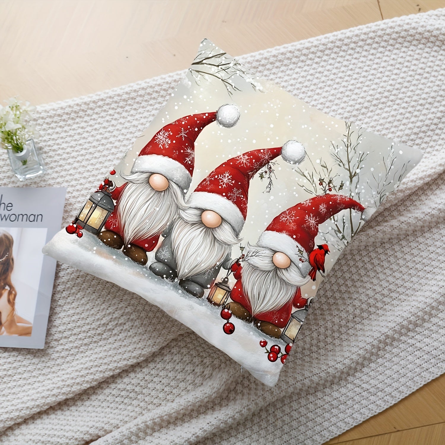 Festive Christmas Gnome Pillowcase: Soft polyester, 44.96cm x 44.96cm, features snowy landscape & red berries. Perfect for living room or bedroom decor. Gnome themed.