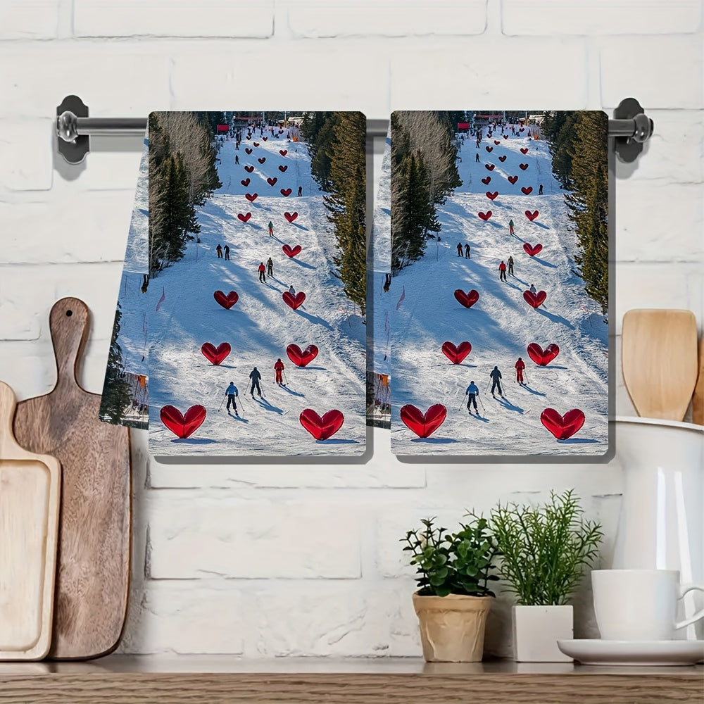 A set of two ultra soft polyester kitchen towels, designed for high absorbency and easy machine washing. These contemporary rectangular dish hand towels feature a coastal theme with a heart flags ski slope design. Each towel measures 40.64x60.96 cm.