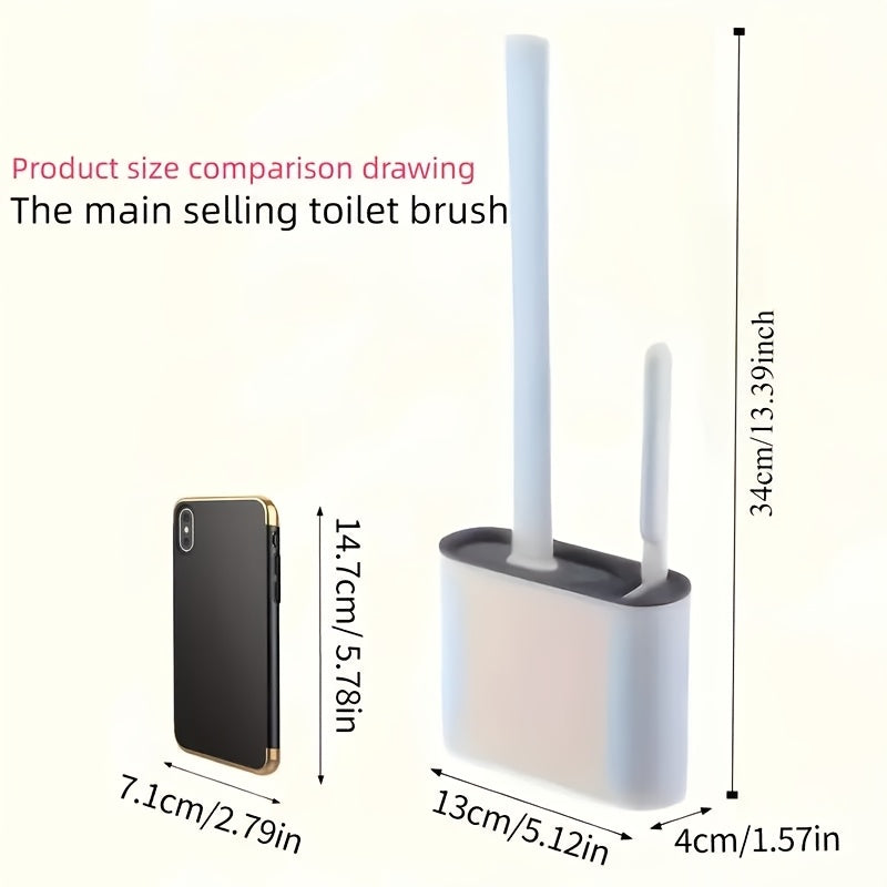 Silicone toilet brush set with wall mounting, space-saving long handle design. Includes 2 brushes and holder for versatile cleaning. Perfect for living rooms, bathrooms, toilets, and