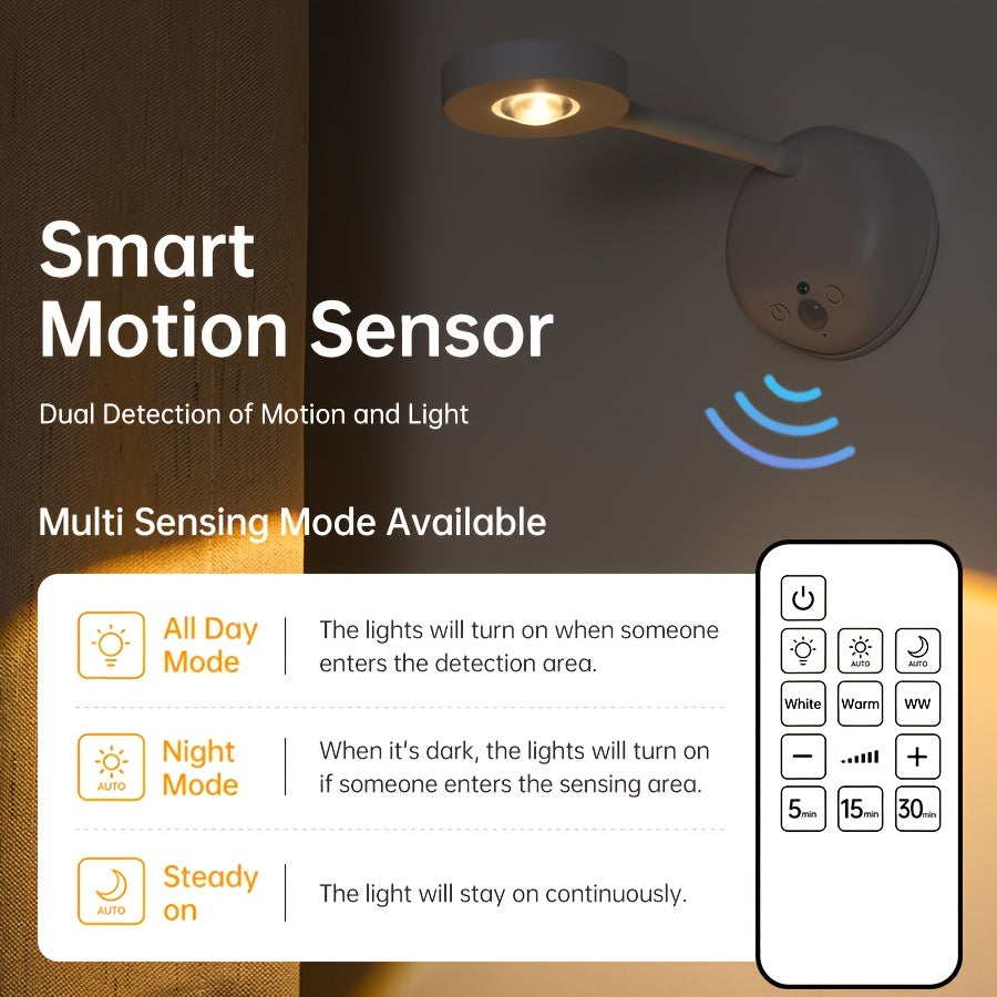 Wall-mounted motion sensor spotlight with remote control, USB rechargeable, adjustable brightness and timer, detachable plastic lamp shade, infrared sensor, battery powered.