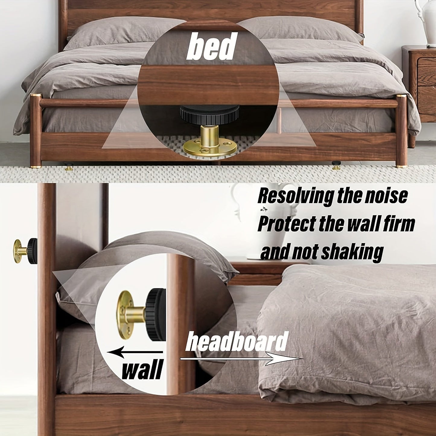 Two-pack of adjustable threaded tools to stabilize Bed Frames, includes Headboard Stoppers, perfect for fixing and preventing shaking in beds, cabinets, and sofas.