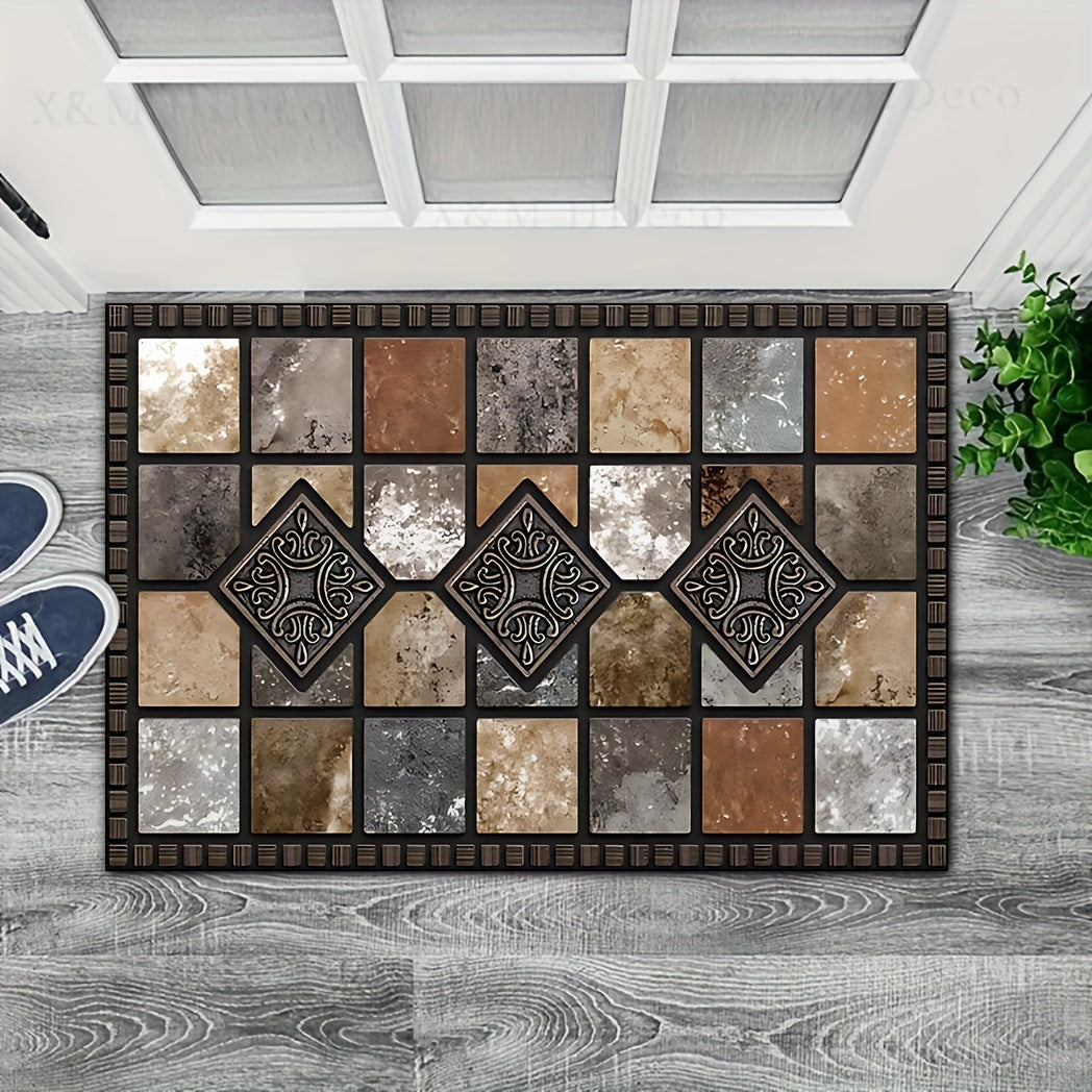 Welcome guests with a durable, non-slip door mat made of washable polyester and rubber backing. Featuring a luxurious crystal velvet finish, this red stone and tile design mat is ideal for any home, garden, or living space. Available in multiple sizes