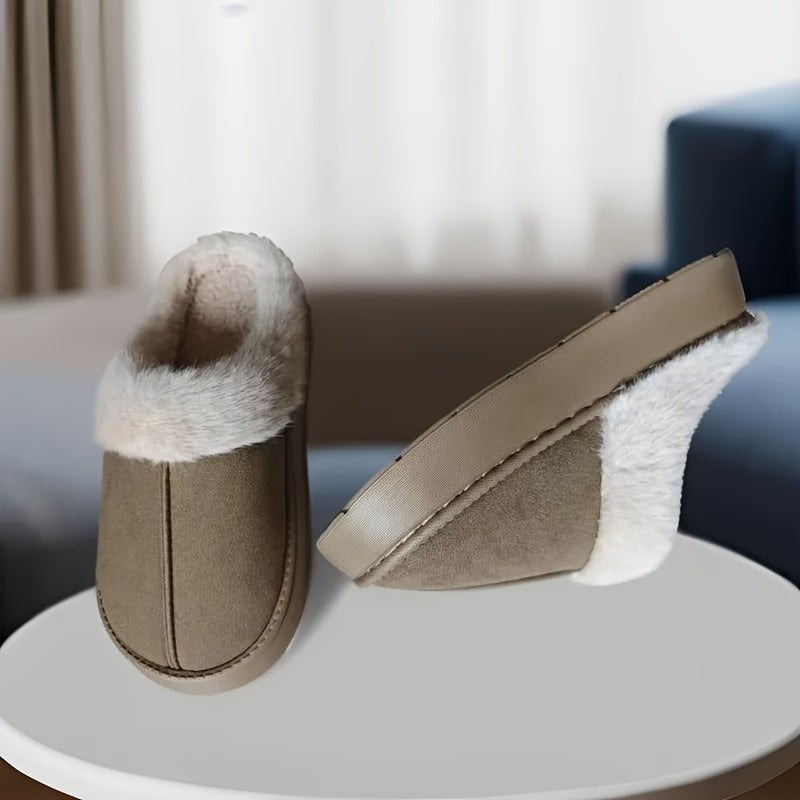 Women's cozy slippers with thick sole for winter warmth, non-slip, hand washable fabric, and EVA sole for home comfort.