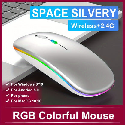 Wireless ergonomic mouse with RGB backlight, USB rechargeable, compatible with PC, laptop, and iPad. Features honeycomb design, 500mAh battery, and Windows 10 support. Great gift for gamers