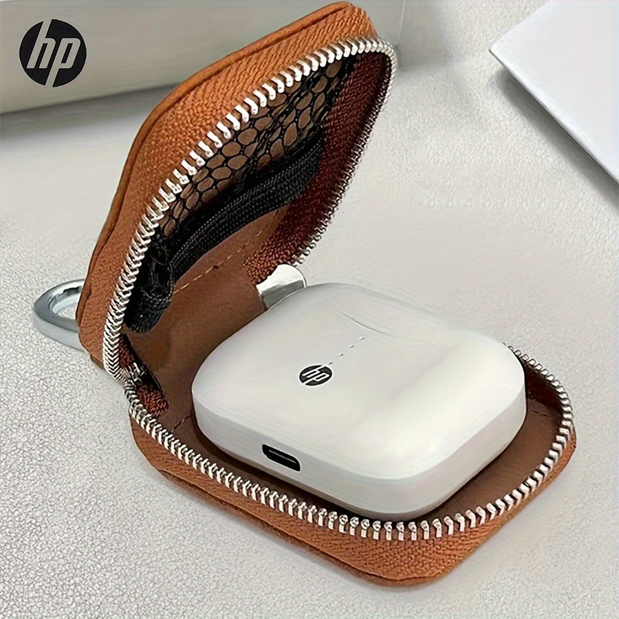 HP 8WJ01PA True Wireless Earbuds in white color with touch control, semi in-ear design, 300mAh lithium battery, USB-C charging, tangle-free wires, and protective case. Compatible with