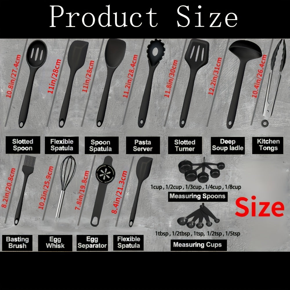 A set of 21 pieces, including a variety of essential kitchen utensils made of non-stick silicone. This set includes tools such as a cooking turner, soup spoon, whisk, pasta spoon, tongs, oil brush, cream spatula, measuring spoon, egg separator, and more.