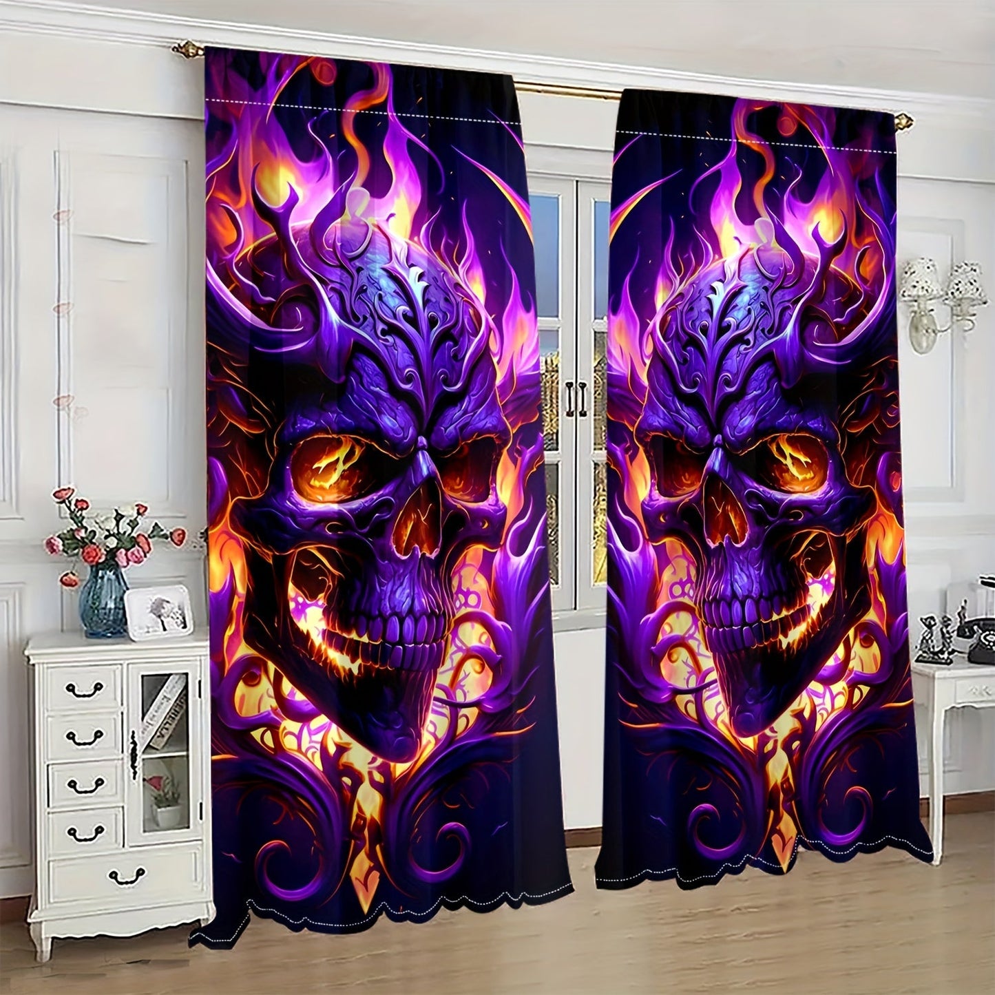 Semi-Transparent Halloween Skull & Butterfly Chrysanthemum Curtains - Set of 2, Privacy-Protecting Drapes for Living Room and Bedroom Decoration