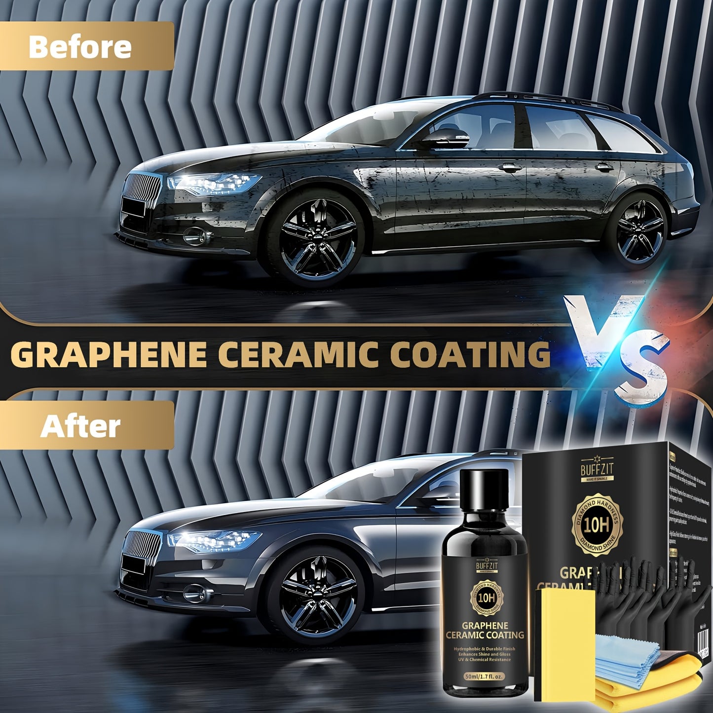 Graphene Ceramic Coating Wax for Cars Detailing Kit - 10H Surface Protection - Hydrophobic - High Shine Gloss - 50ml/1.7oz