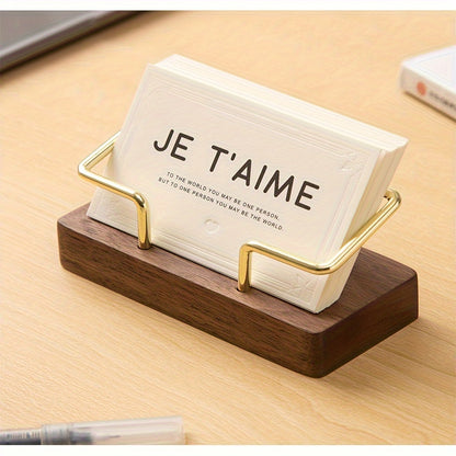 Elegant desktop business card holder made of black walnut and beech wood, ideal for business gifts.