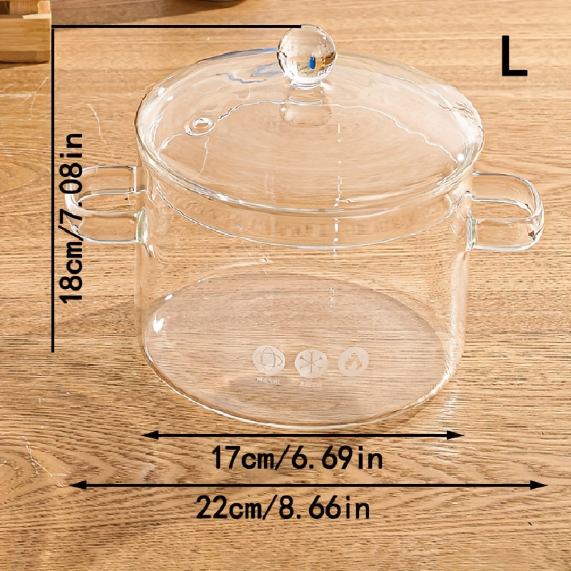 1-piece high borosilicate glass soup pot, featuring a thickened design with a lid. This small hot pot in amber color has double ears and is suitable for households. Can be used on a light fire electric pottery stove for heating and stewing.