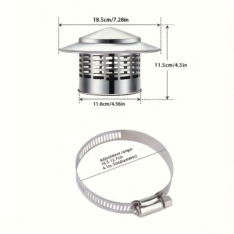 Stainless Steel Chimney Cap with Rain Protection Mesh and Chimney Bird Guard - Includes 1 Set of Hose Clamp and Chimney Cowl for Small Roof Vent Protection, Flue Pipe Cover, and Round Cap with 11.43 cm Inner Diameter.