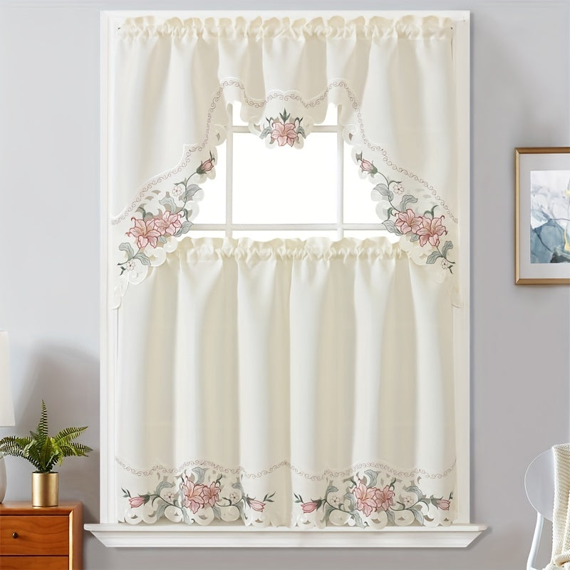 Enhance Your Home Decor with These Elegant 3-Piece Beige Floral Embroidered Polyester Window Curtains - Ideal for Bedroom, Living Room, Kitchen, and More!