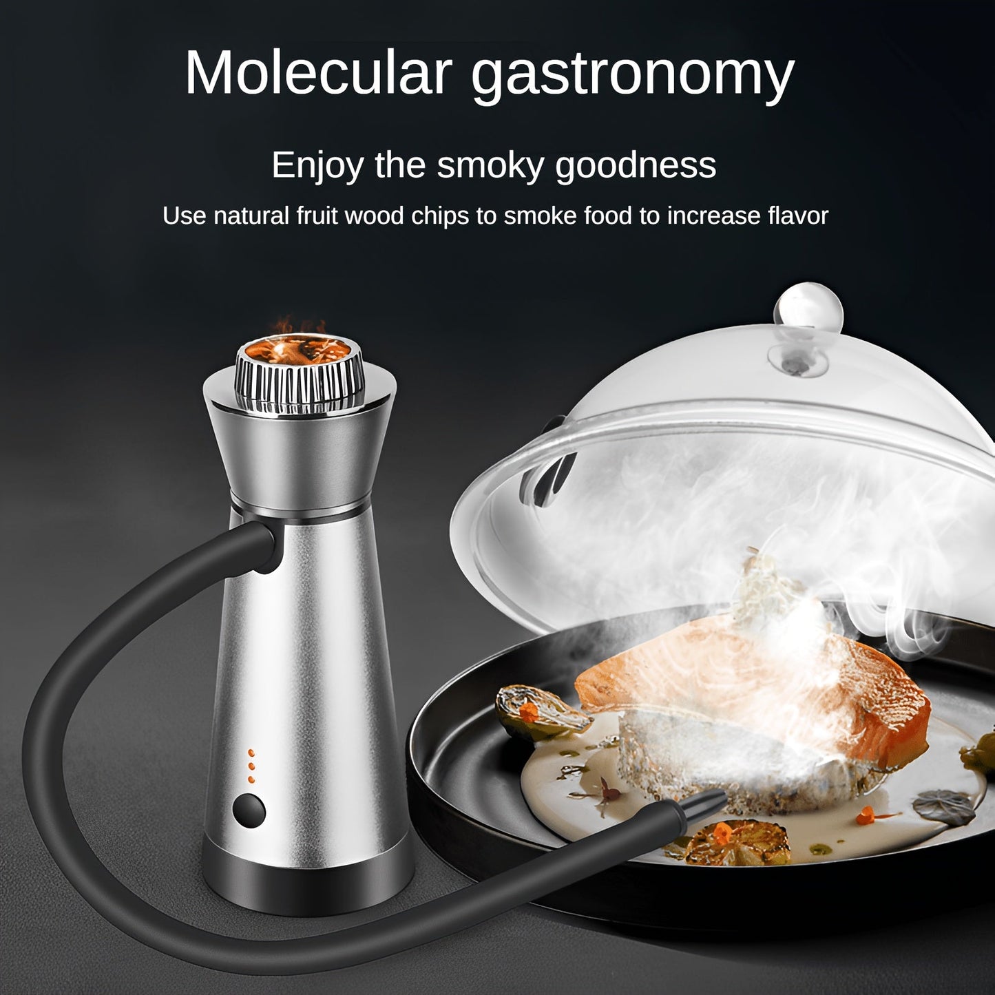 The Smoke Infuser is a portable handheld smoking gun made of durable aluminum and titanium construction. This innovative device is perfect for adding smoky flavor to cocktails and steak, making it a must-have tool for molecular gastronomy enthusiasts.