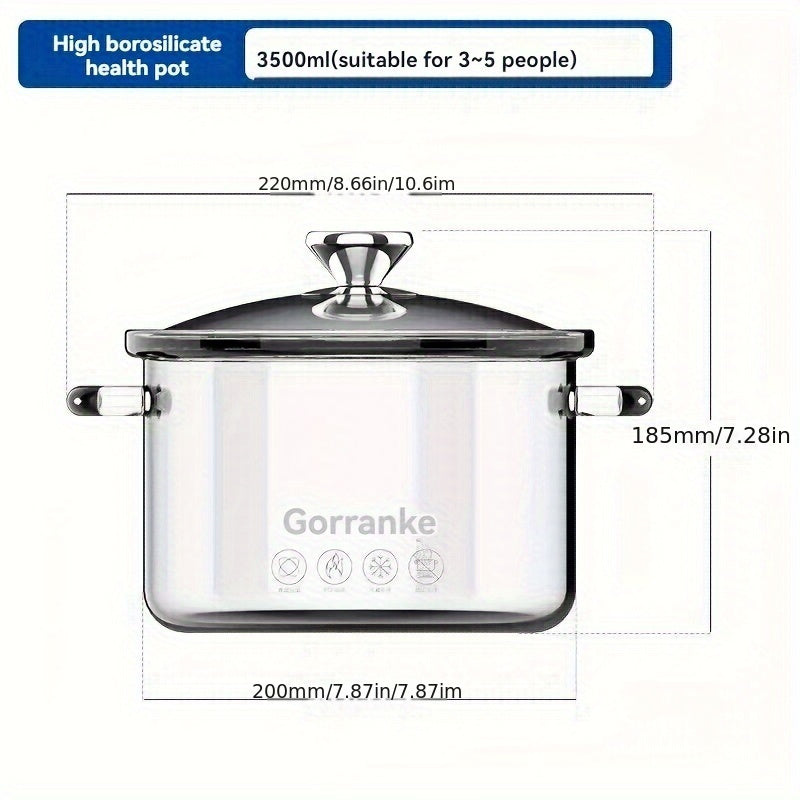 Transparent stovetop cooking pot made of borosilicate glass with seal finish, suitable for induction cooking. A kitchen gadget accessory that requires no power.